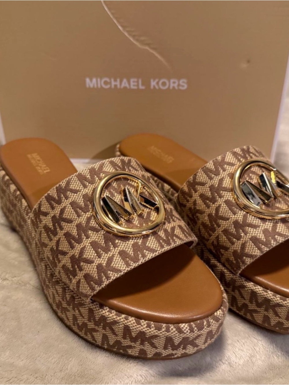 MICHAEL Michael Kors Brown Logo Platform Slide Sandals